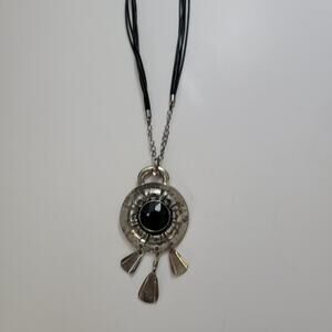 Vintage Silver Medallion Pendant Necklace with Black Stone Dangle Charms Jewelry